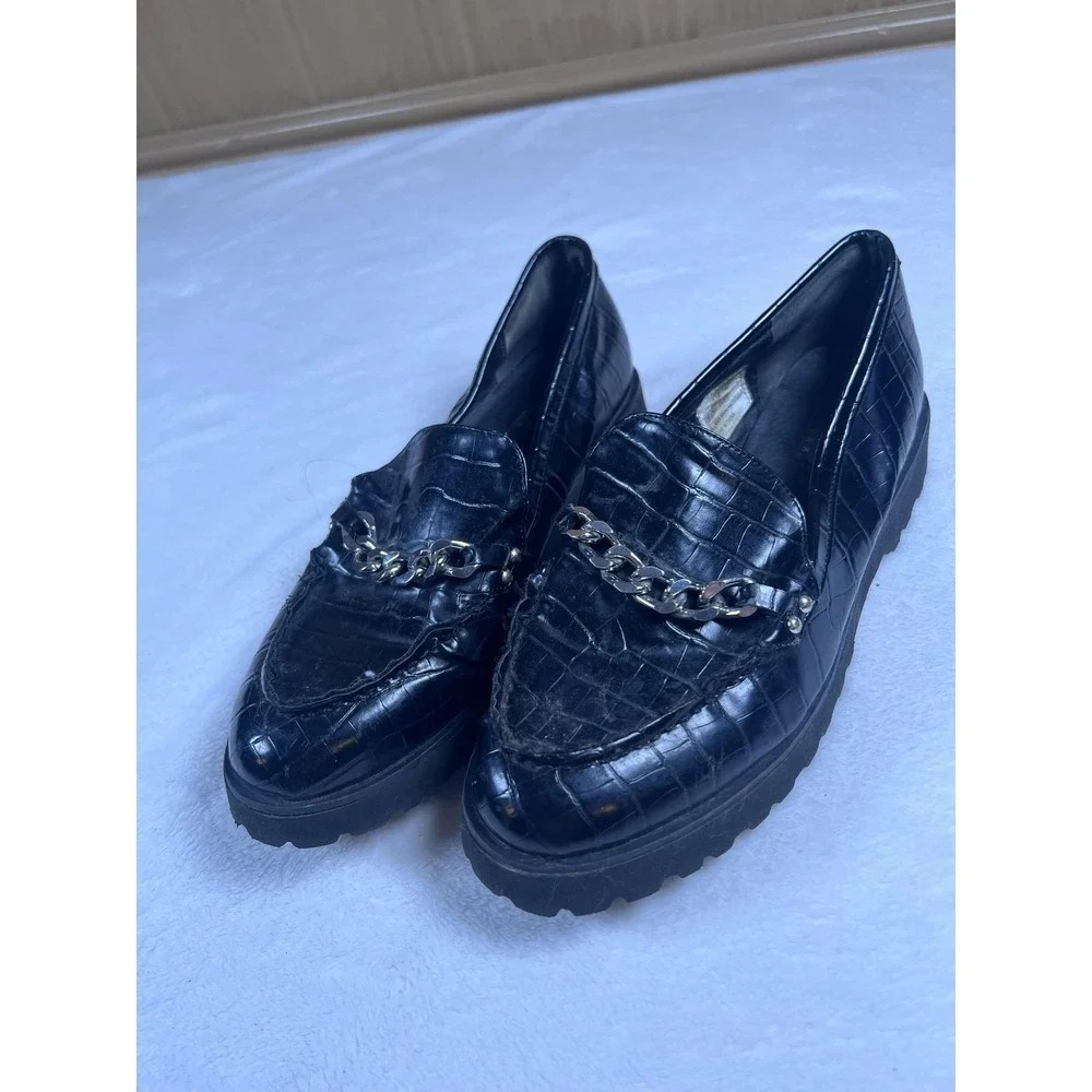 Jones New York Loafers Womens Size 8.5 Black Faux Croc Chain Lug Sole‎ Slip On